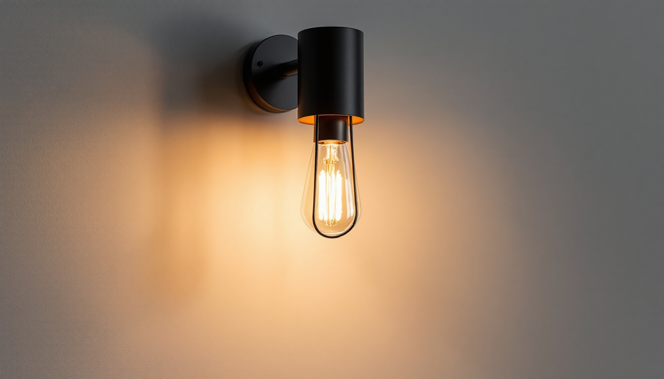 A photograph of a stylish industrial wall light installed in a modern interior setting