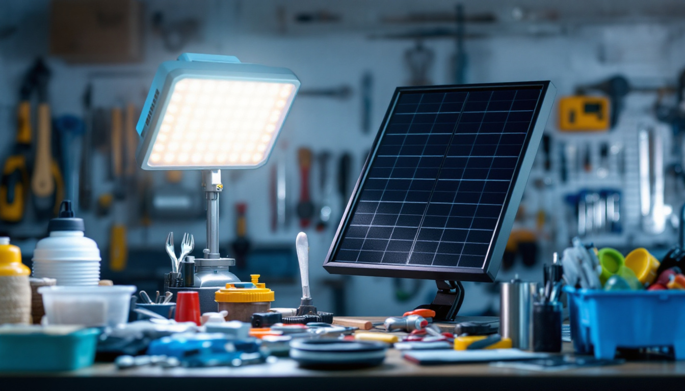 A photograph of a vibrant solar shop light illuminating a workspace filled with tools and materials