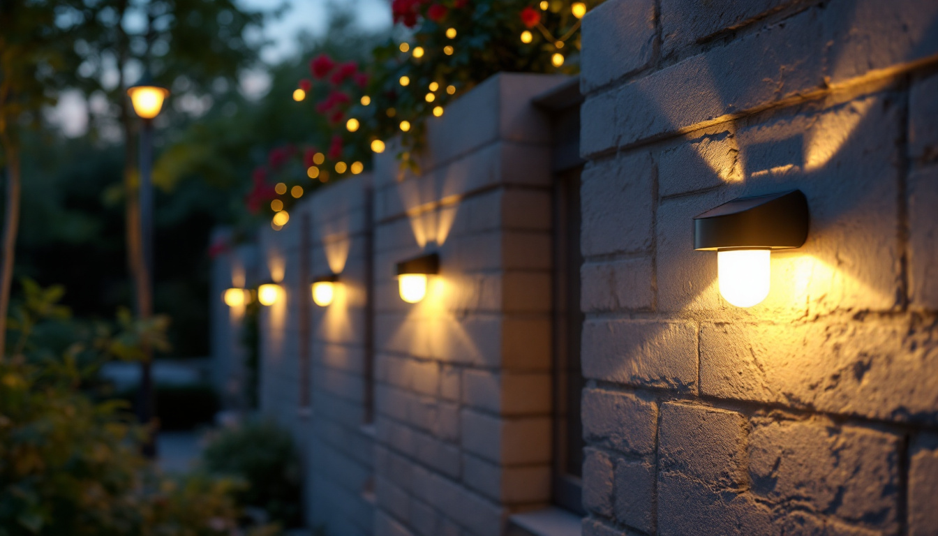 A photograph of a beautifully illuminated outdoor space featuring wall-mounted solar lights