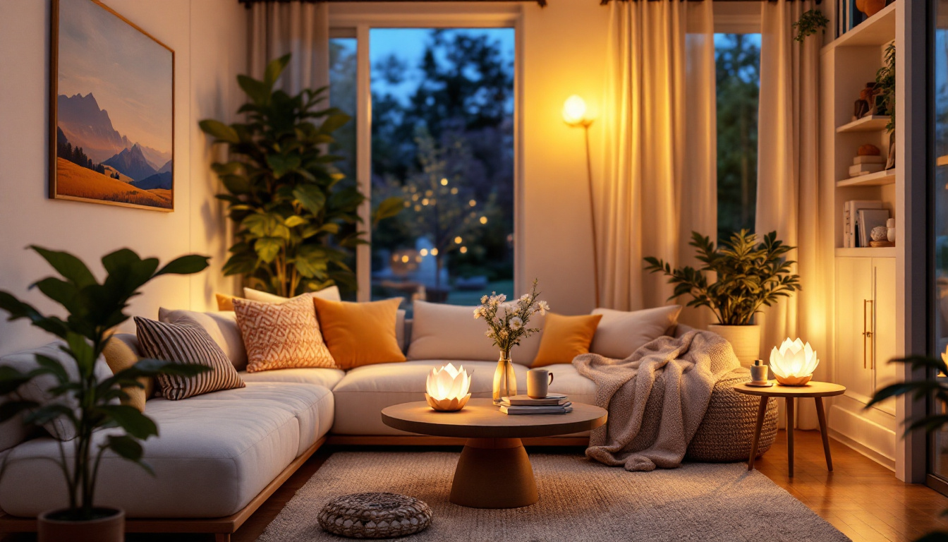 A photograph of a beautifully arranged living space illuminated by lotus lights