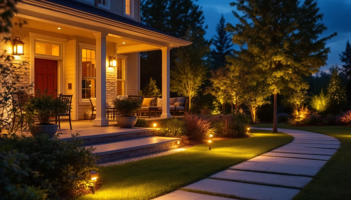 A photograph of a beautifully illuminated residential outdoor space at dusk