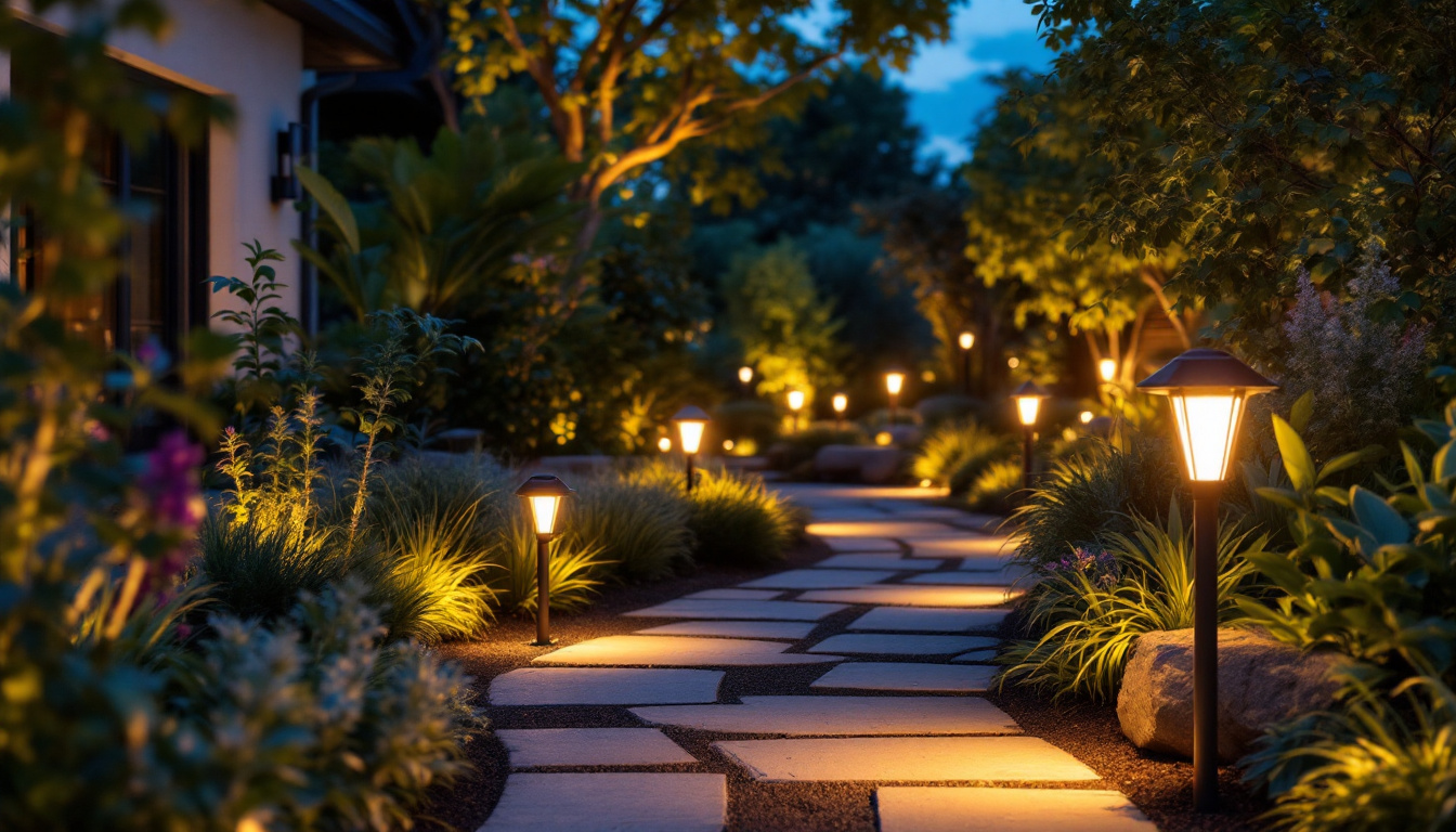 A photograph of a beautifully landscaped outdoor space illuminated by a variety of solar lights
