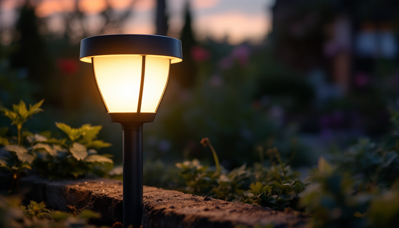 A photograph of capture a photograph of a solar light with an integrated solar panel illuminating a garden or outdoor space at dusk