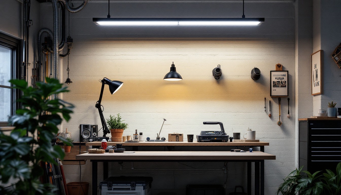 A photograph of a well-lit modern workspace featuring 4ft led shop lights