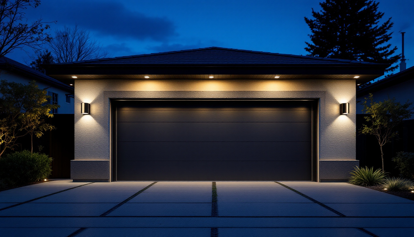 A photograph of capture a photograph of a stylishly illuminated garage door at dusk