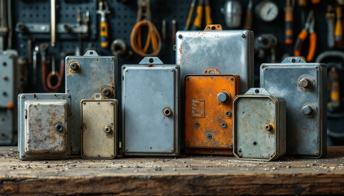 A photograph of a close-up shot of various metal electrical box covers arranged aesthetically on a workbench
