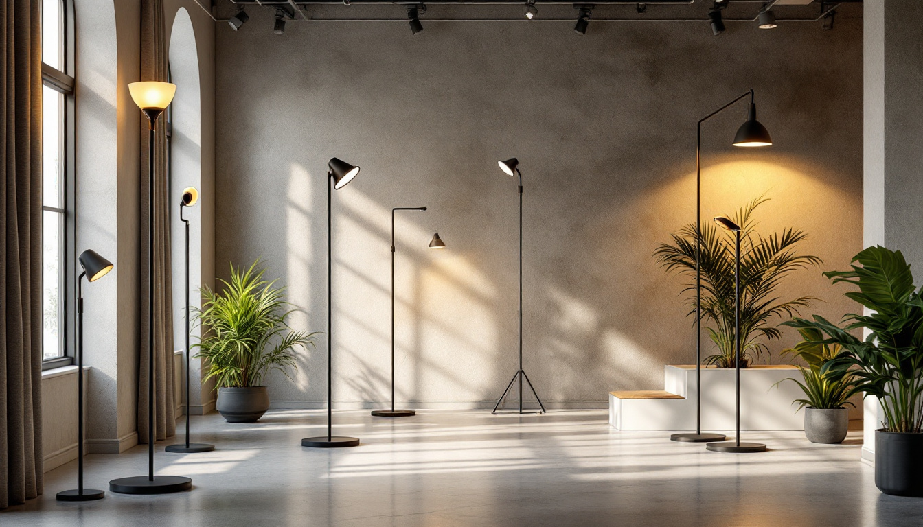 A photograph of a stylishly designed indoor space featuring various pole lights