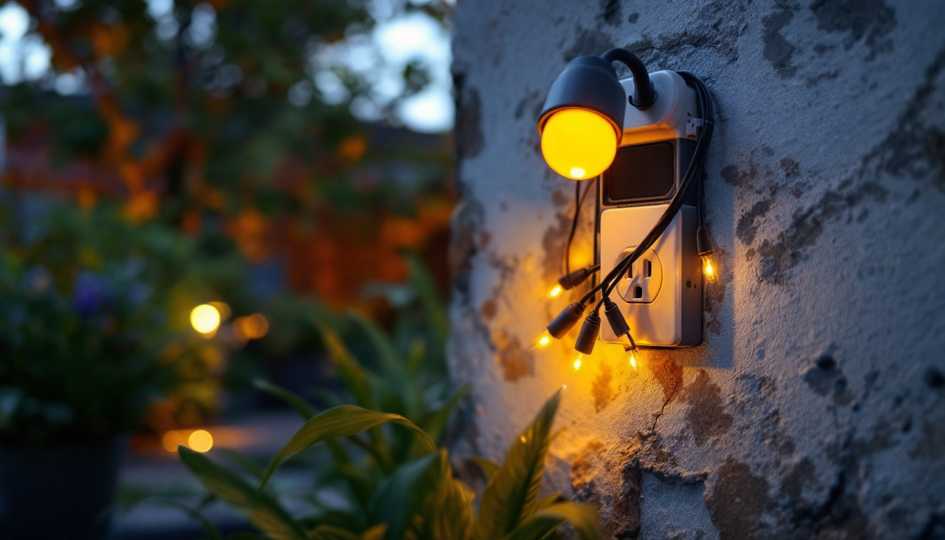 A photograph of a well-installed outdoor electric socket box in a backyard setting