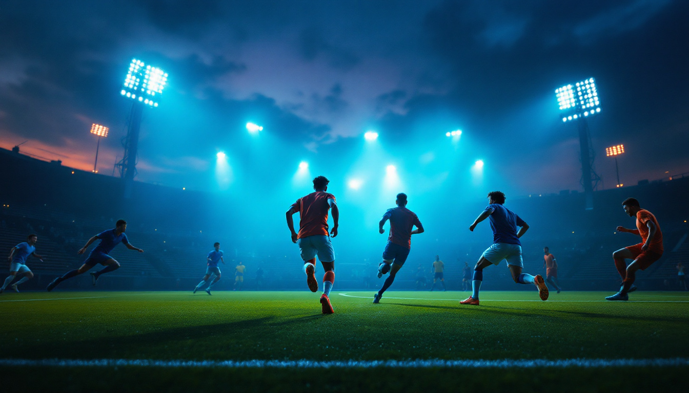 A photograph of a vibrant outdoor sports scene illuminated by led lighting