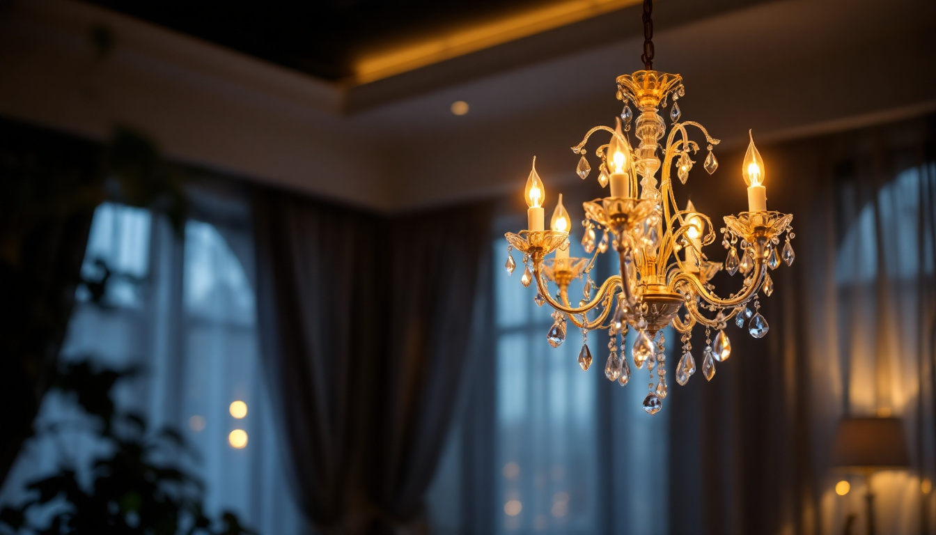 A photograph of a beautifully designed chandelier illuminated in a stylish interior setting