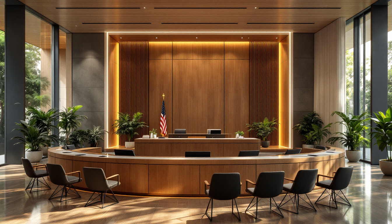 A photograph of a modern courtroom designed with energy-efficient features