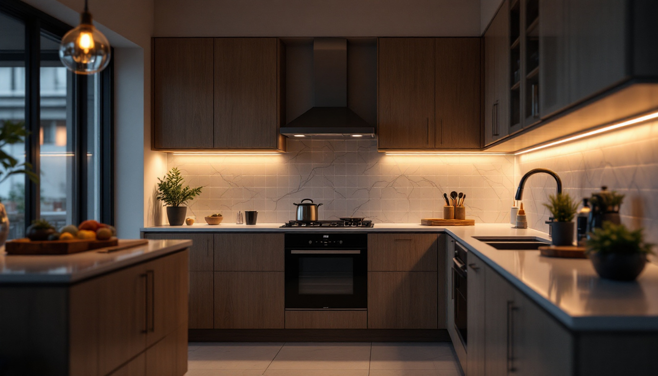 A photograph of a stylish kitchen featuring sleek under-cabinet led lighting that highlights the cabinetry and countertop