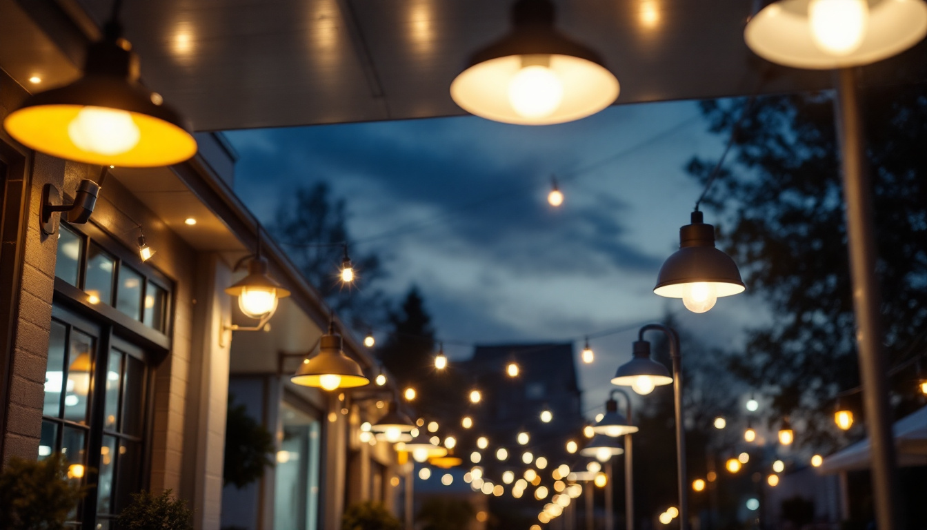 A photograph of a beautifully illuminated outdoor space showcasing various styles of overhead lighting fixtures in use