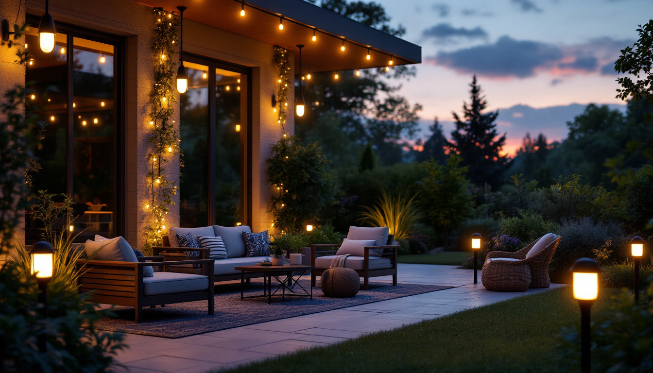 A photograph of a beautifully lit patio at dusk