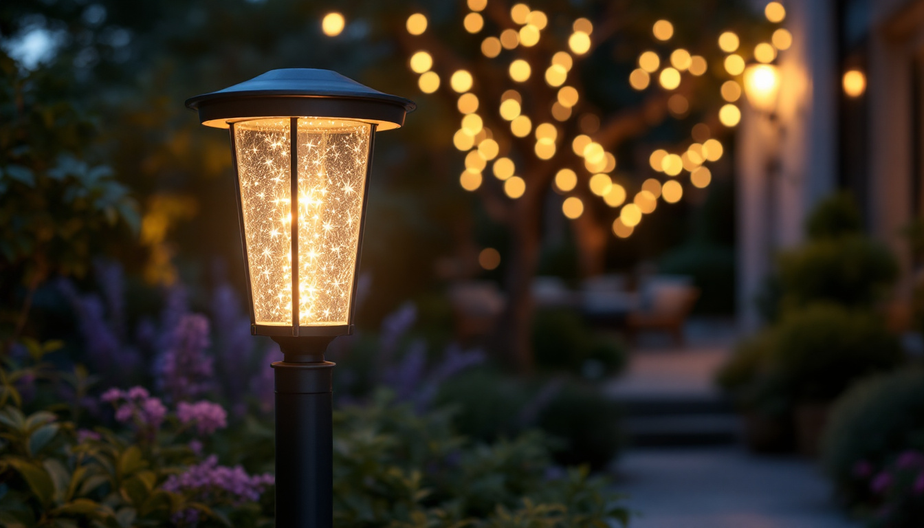 A photograph of a beautifully illuminated outdoor space featuring a stylish post light fixture