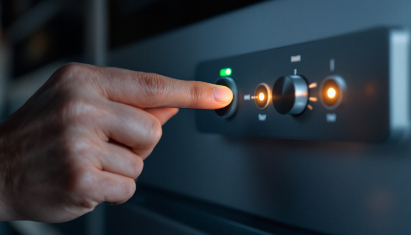 A photograph of a close-up of a hand effortlessly toggling a switch on a modern appliance or device
