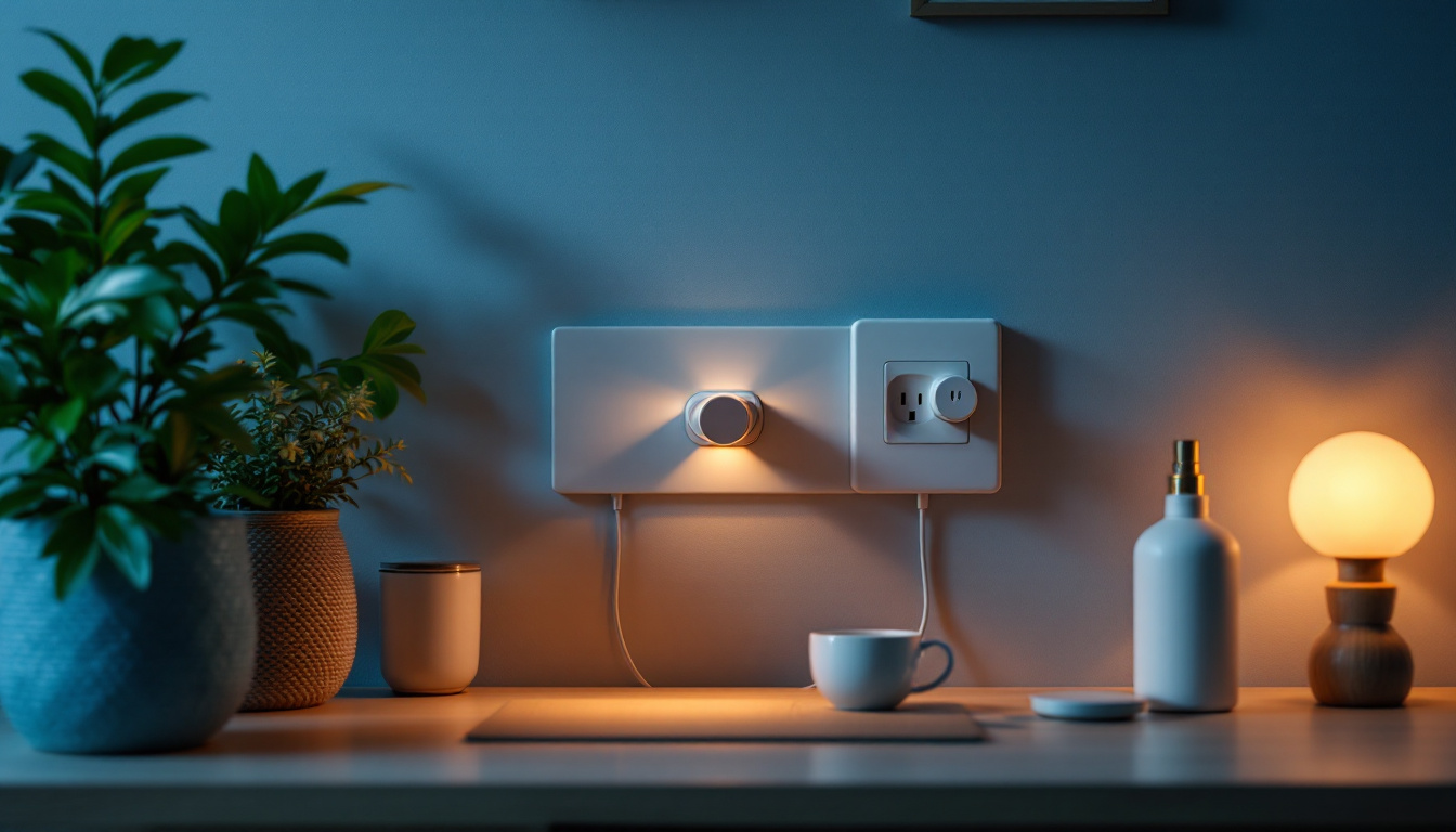 A photograph of a well-organized and aesthetically pleasing home environment featuring various plug outlets in use