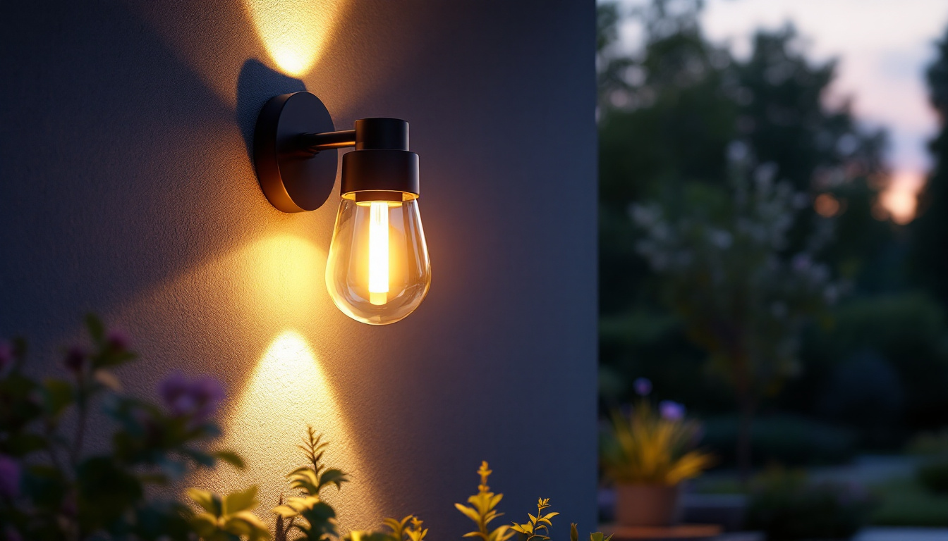 A photograph of a beautifully illuminated outdoor wall light installed in a serene garden setting during twilight