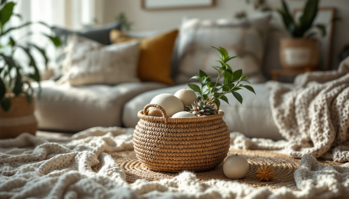 A photograph of a beautifully styled living space featuring a center basket as a focal point