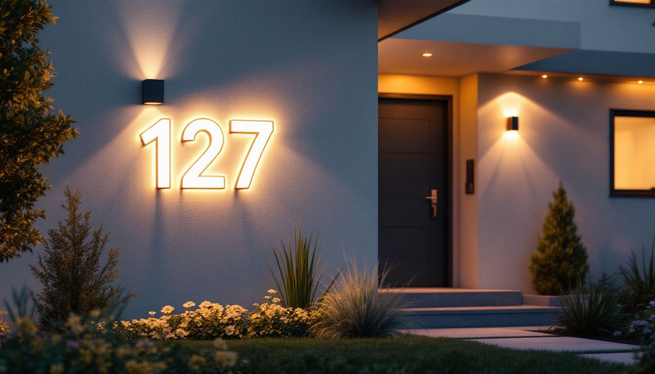 A photograph of a beautifully illuminated house number set against a creatively designed entryway