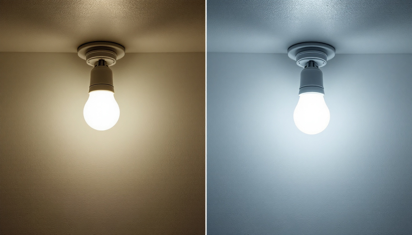 A photograph of a side-by-side comparison of a regular fluorescent fixture with traditional bulbs and an led bulb installation