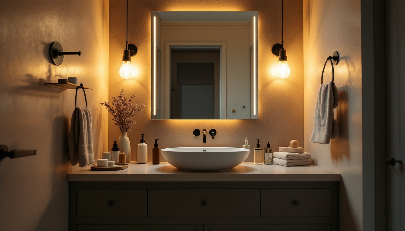 A photograph of a beautifully lit bathroom vanity