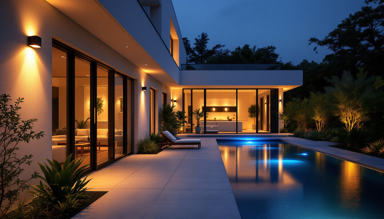 A photograph of a contemporary outdoor space illuminated by innovative light fixtures