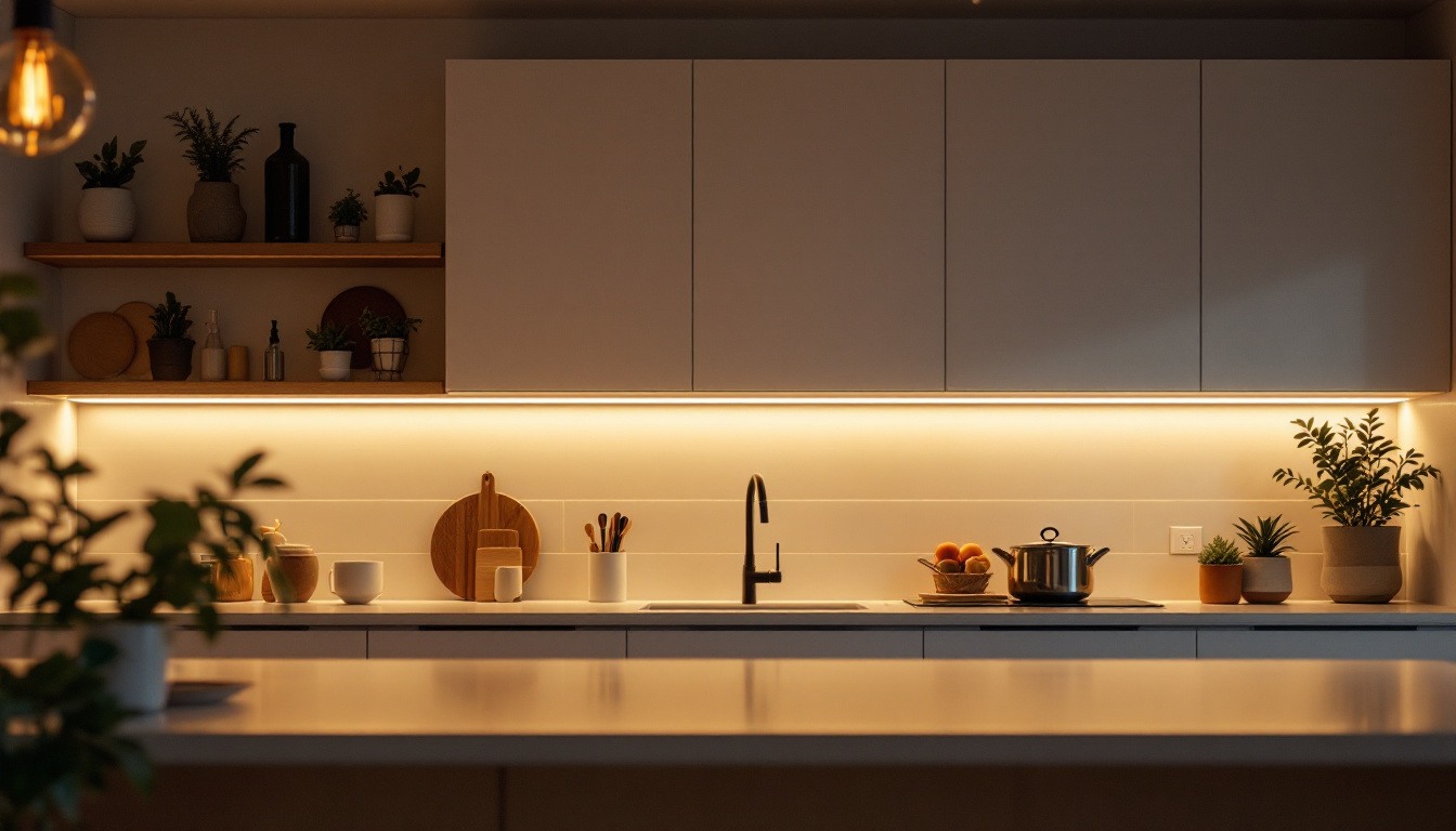 A photograph of a modern kitchen showcasing sleek strip under cabinet lights illuminating the workspace