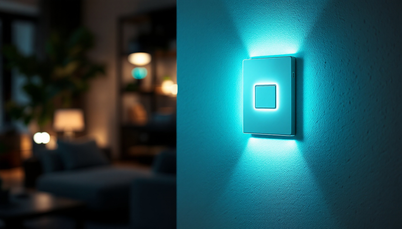A photograph of a modern smart wall switch in a stylish home setting
