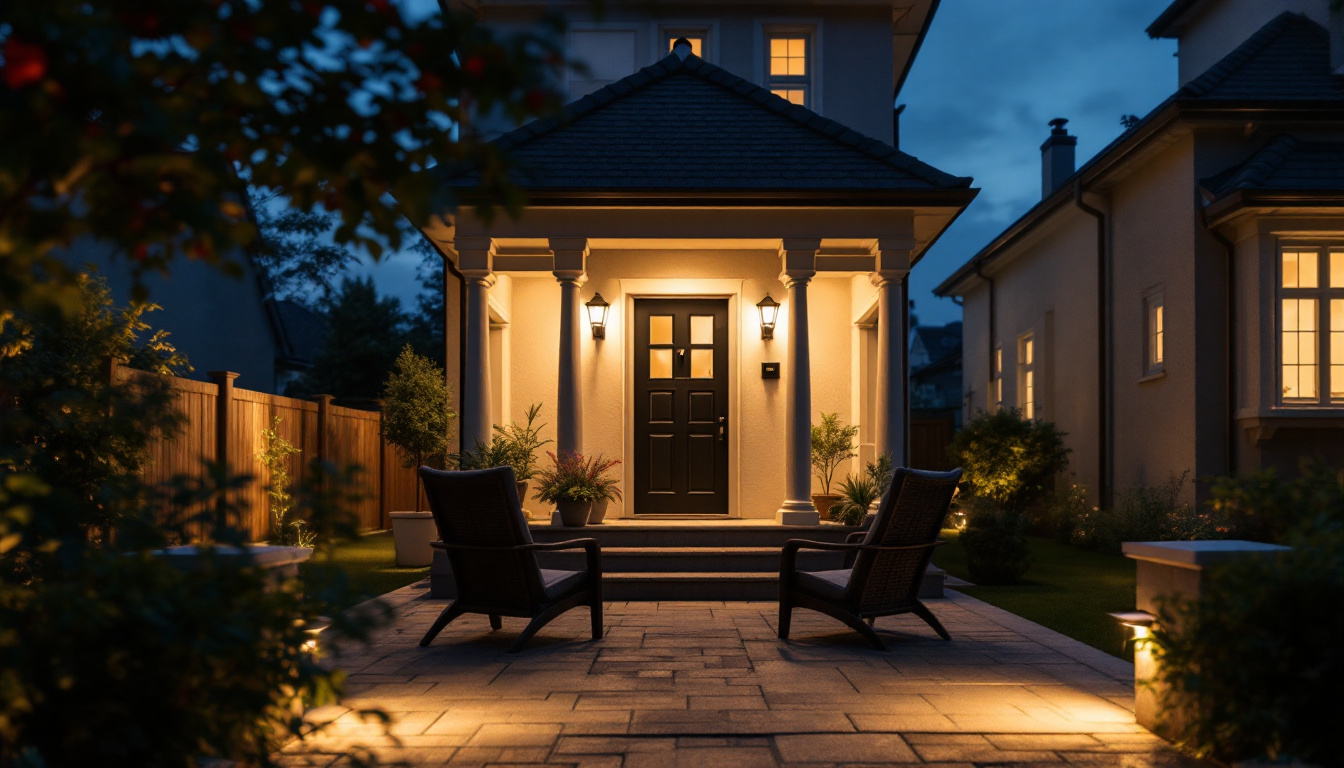 A photograph of a beautifully illuminated outdoor space featuring motion sensor security lights in action