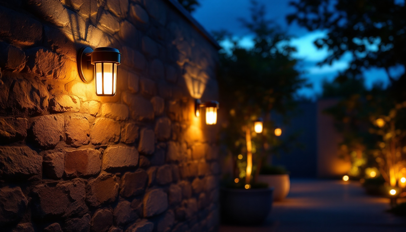 A photograph of a beautifully illuminated outdoor space featuring wall-hanging solar lights in action