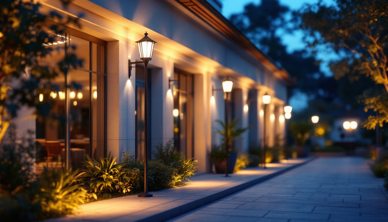A photograph of a beautifully illuminated outdoor space featuring large exterior lights that highlight architectural details while creating an inviting ambiance