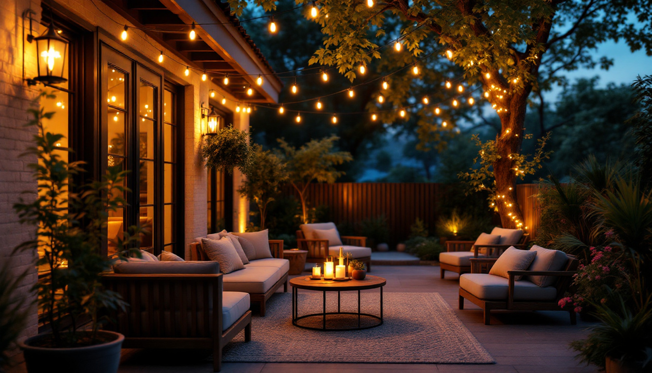 A photograph of a beautifully designed outdoor patio illuminated by warm