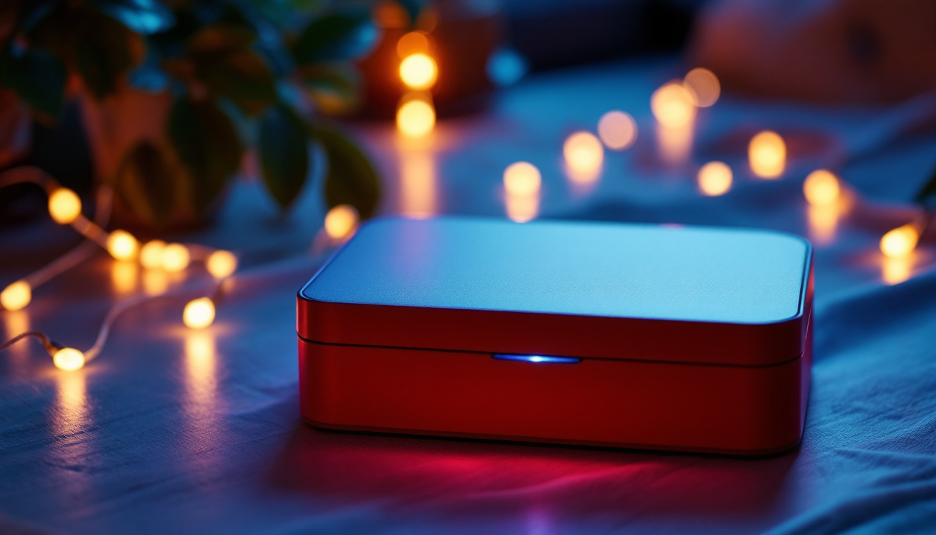A photograph of a beautifully designed box with led lights illuminating its surroundings
