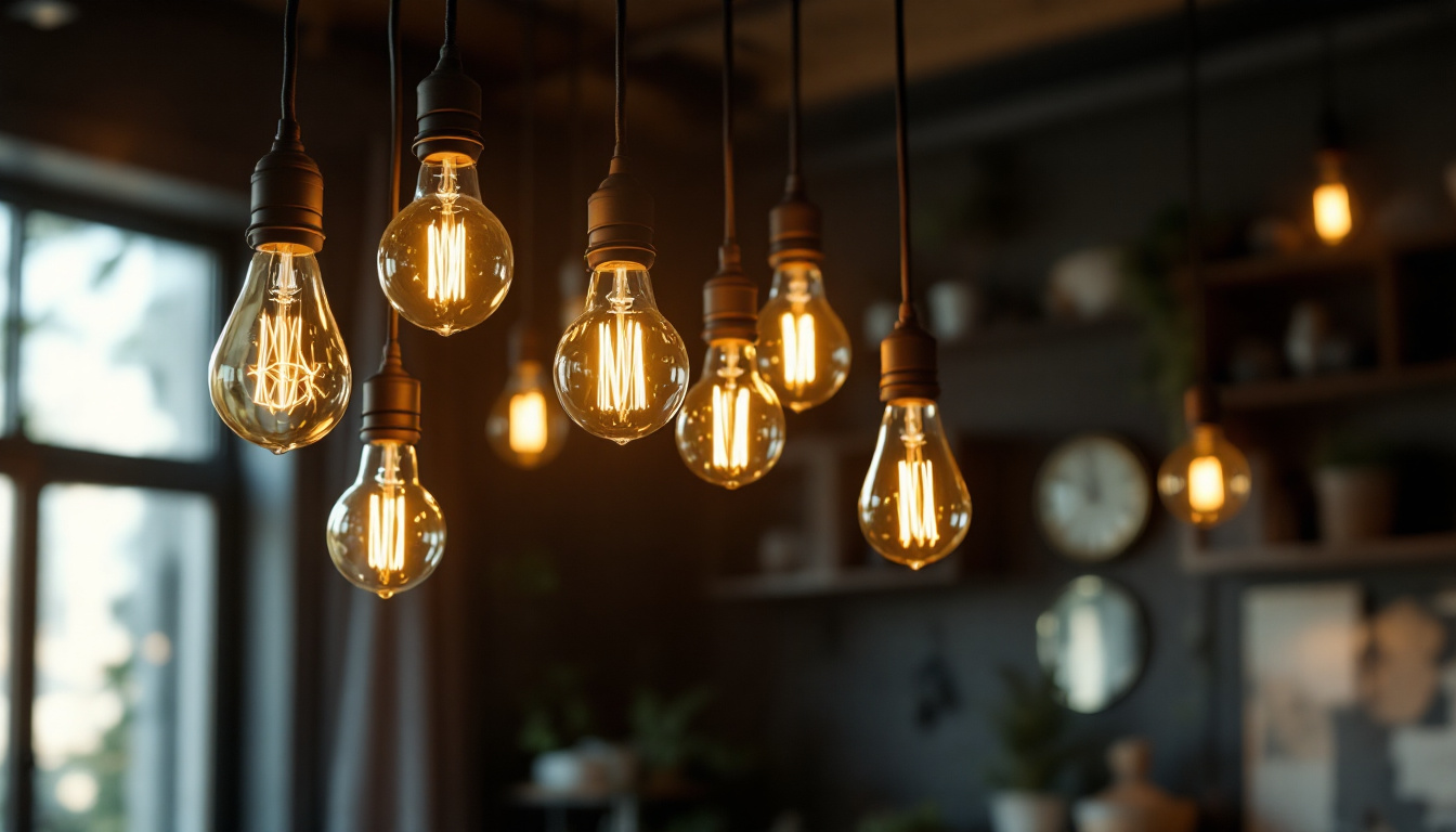 A photograph of a beautifully designed lighting fixture that creatively incorporates elements inspired by the history of light invention