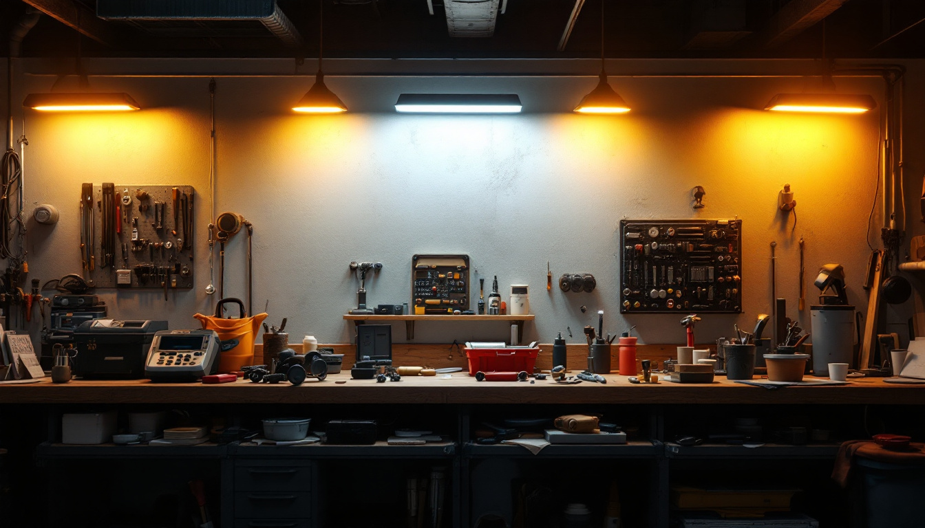 A photograph of a well-lit workshop or garage scene showcasing a row of 4 ft shop lights illuminating a workspace filled with tools and materials