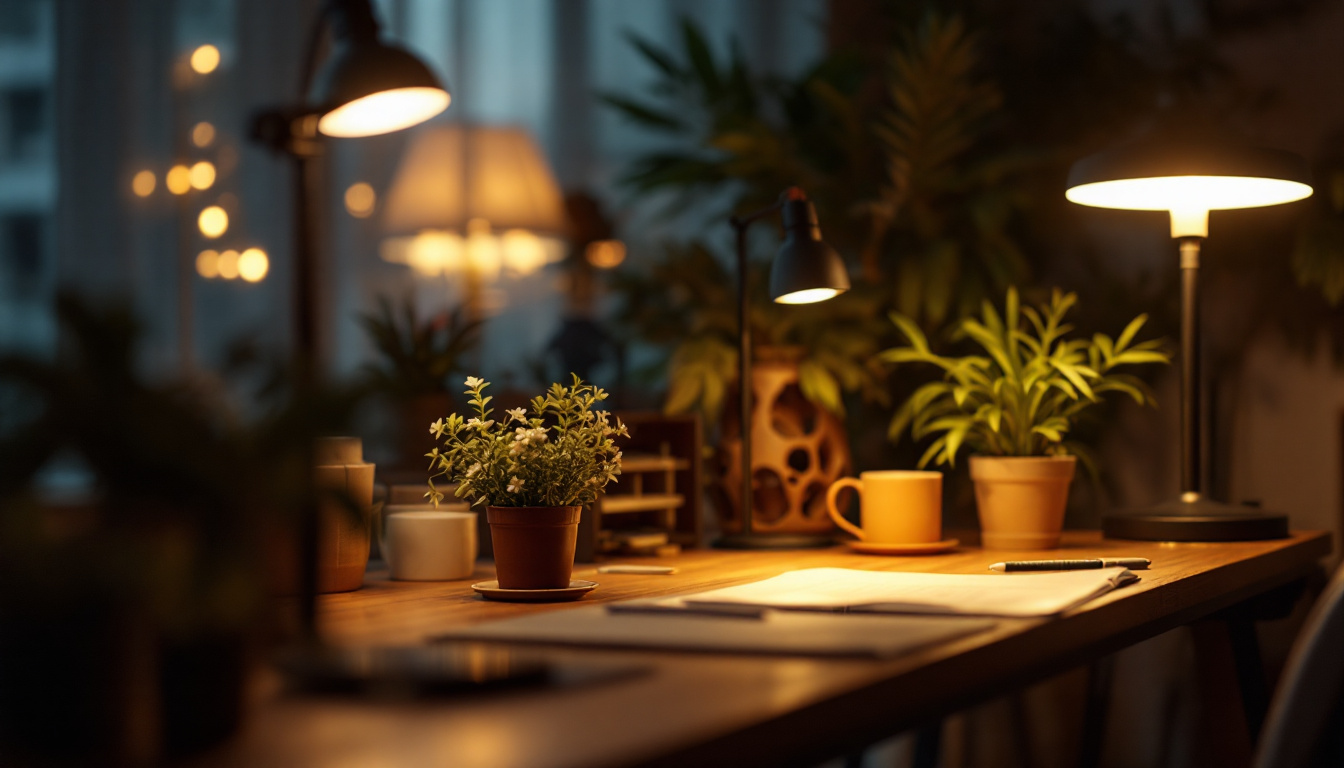 A photograph of a well-lit workspace featuring various bright led lamps in use