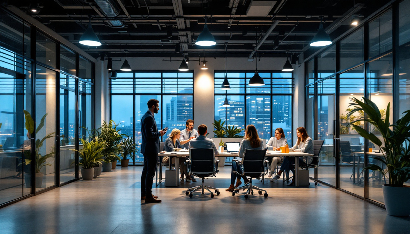 A photograph of a modern office or commercial space featuring occupancy sensors in action