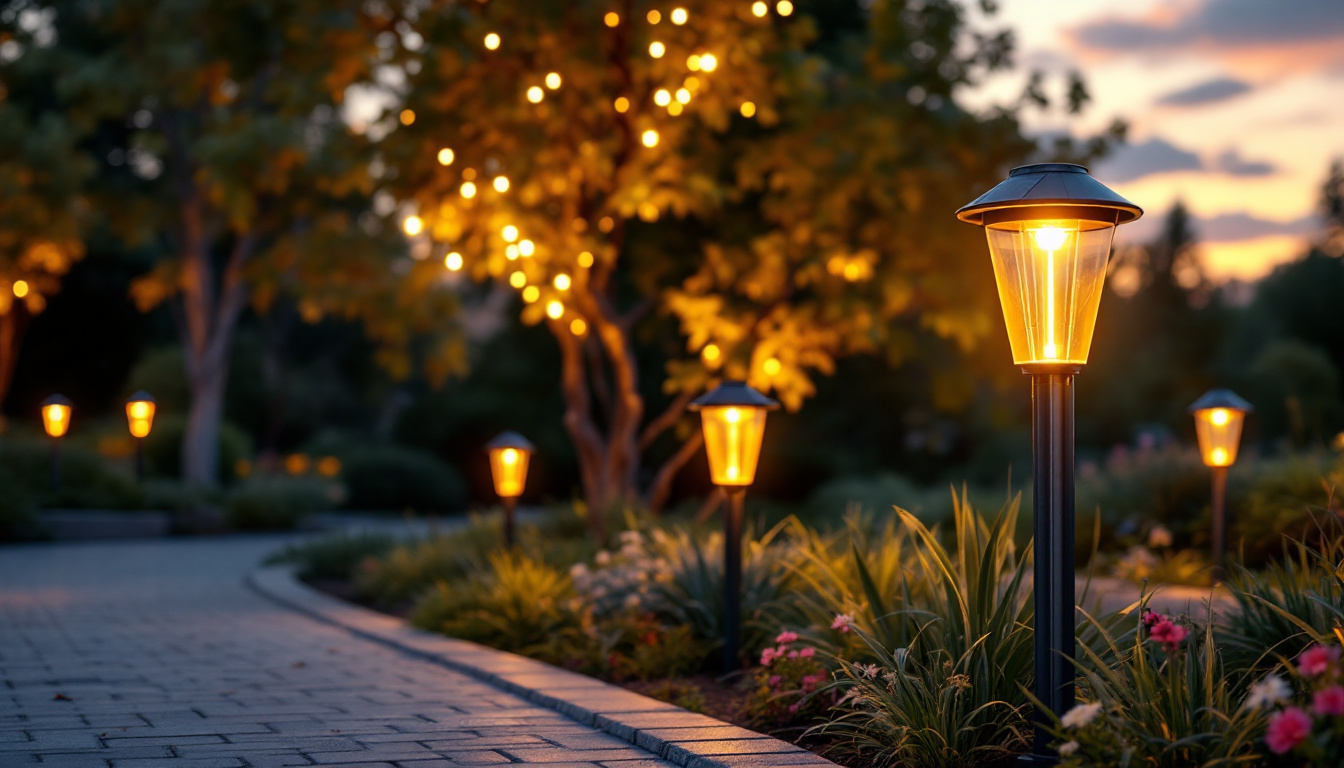 A photograph of capture a photograph of a beautifully illuminated outdoor area featuring solar-powered sign lights
