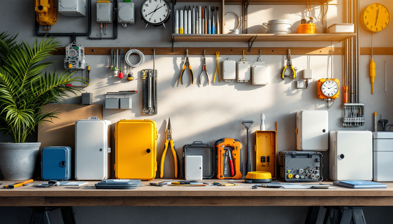 A photograph of a well-organized workspace featuring various types of exterior electrical boxes displayed alongside essential tools and installation materials