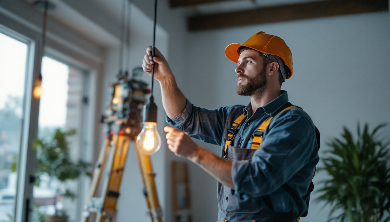 A photograph of a skilled electrician carefully installing a stylish light fixture in a well-lit room