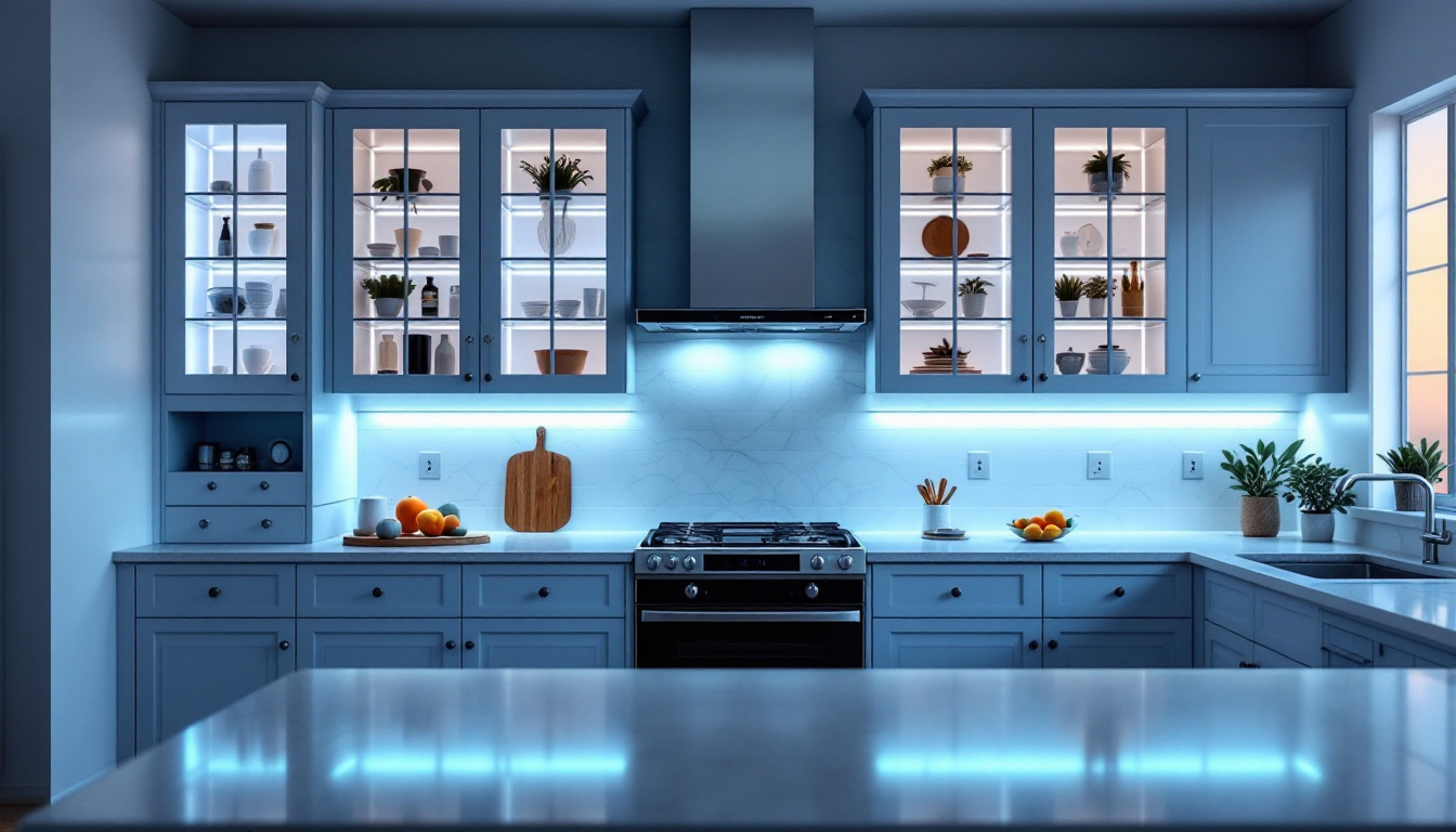 A photograph of a beautifully designed kitchen featuring illuminated led lights within the cabinets