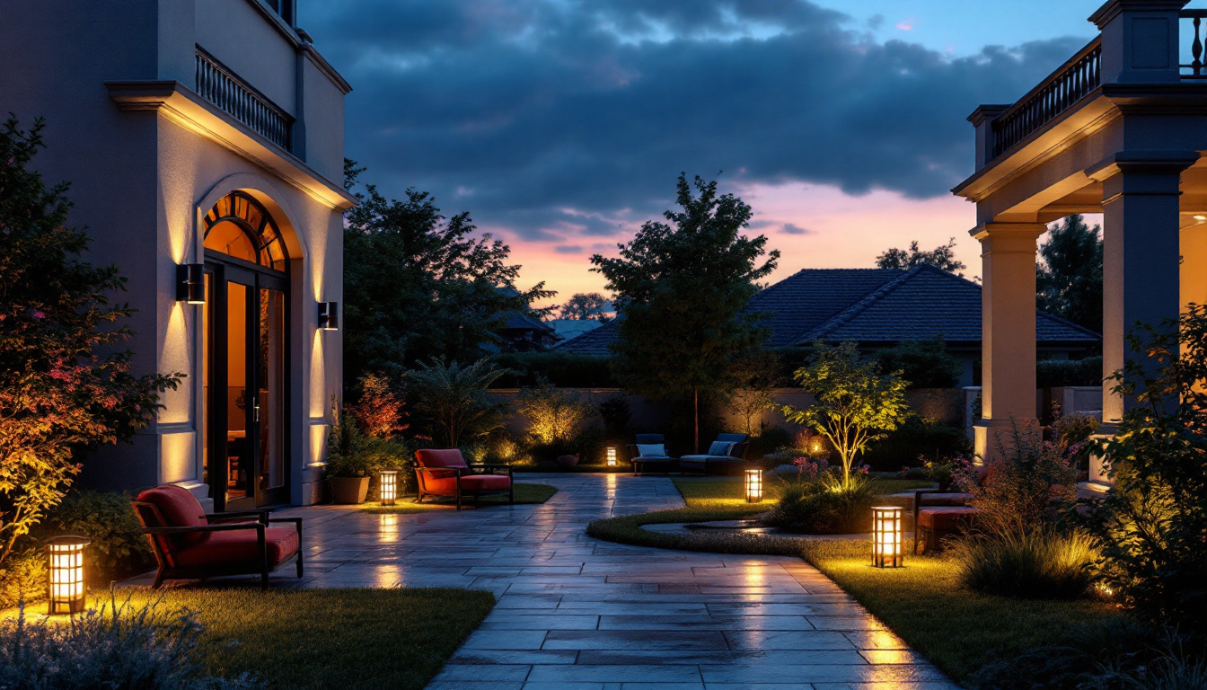 A photograph of a beautifully designed outdoor space illuminated by strategically placed led flood light lamps