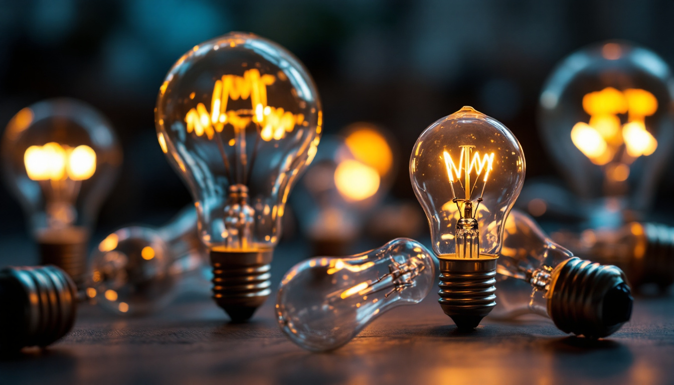 A photograph of a close-up of various types of light bulbs with prongs