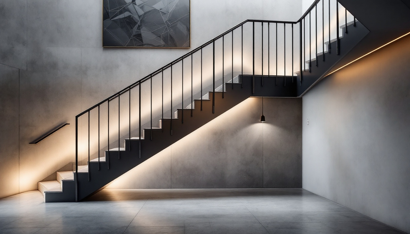 A photograph of a beautifully designed metal staircase illuminated by strategically placed lighting