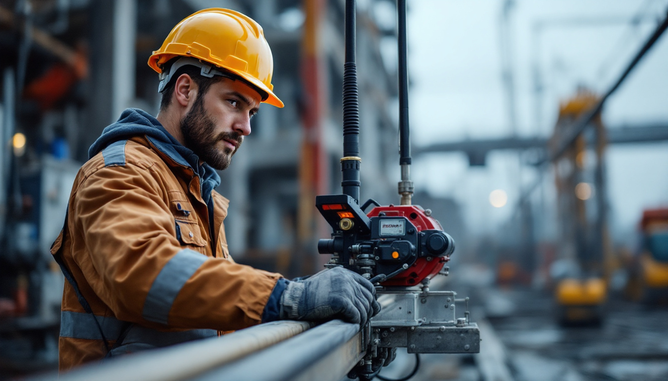 A photograph of a skilled technician operating a high-performance cable pulling machine on a construction site