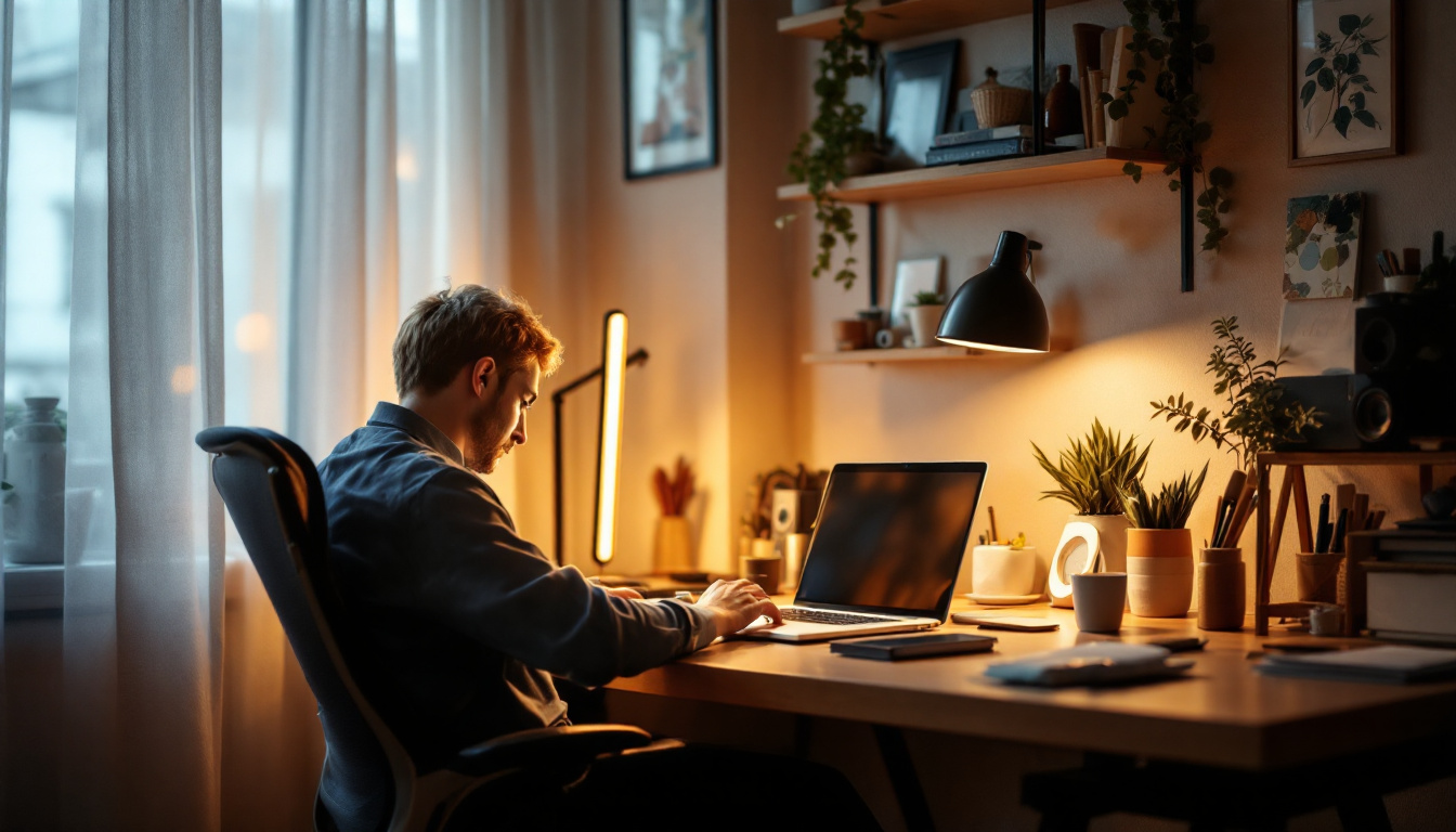 A photograph of a well-lit modern workspace featuring a stylish vanity lamp that enhances the ambiance