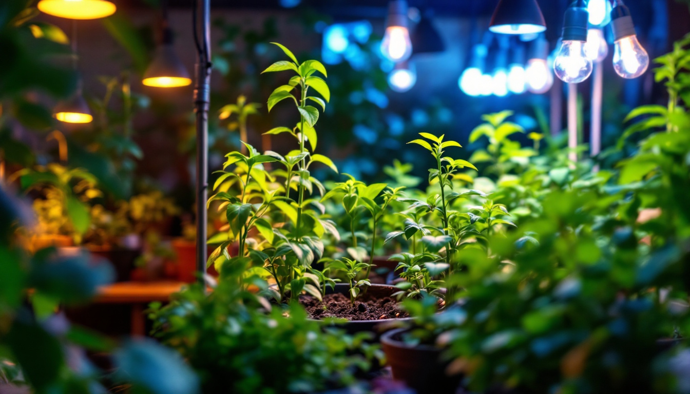 A photograph of a vibrant indoor garden scene illuminated by various types of affordable grow bulbs