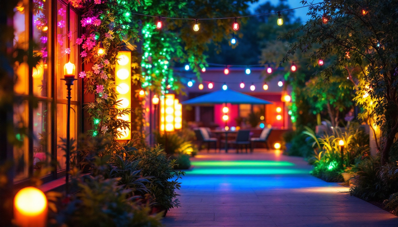 A photograph of a vibrant outdoor scene illuminated by various colored lights
