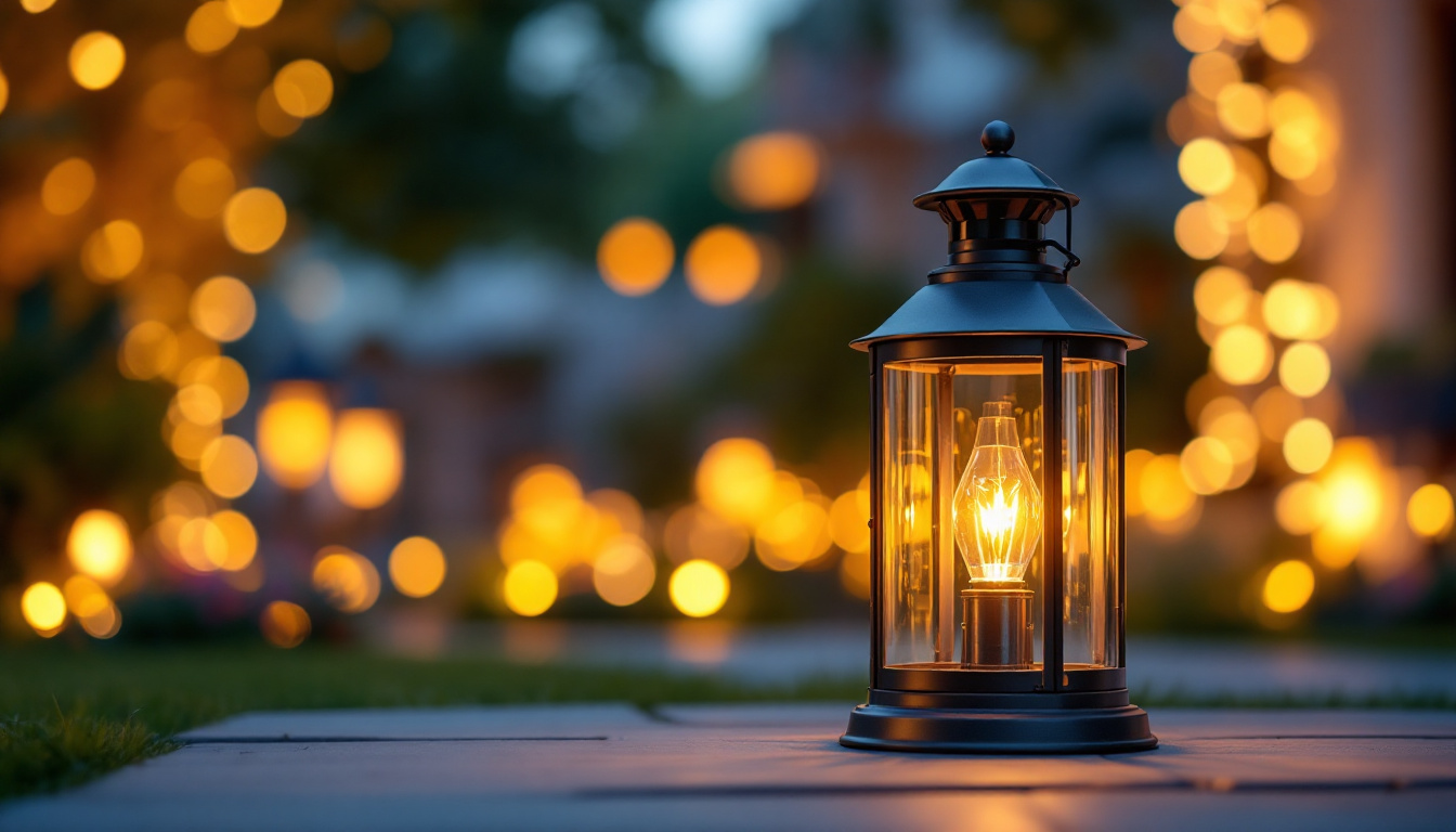 A photograph of a beautifully lit outdoor setting featuring a stylish carriage lamp